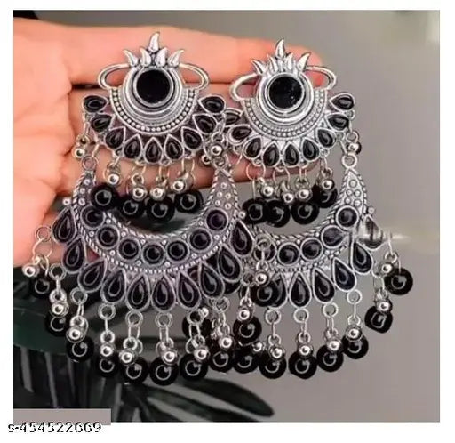 Tehzeeb Creations Women's Oxidised Earrings With Mirror And Black Pearl