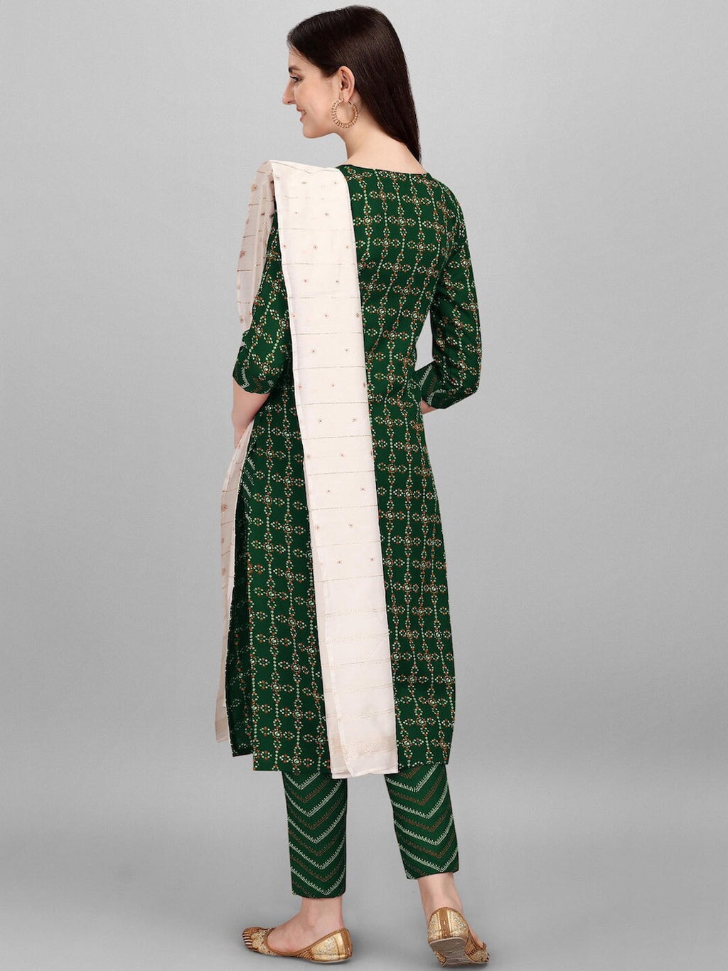 HERE&NOW Green & White Geometric Printed Pure Cotton Kurta With Trousers & Dupatta