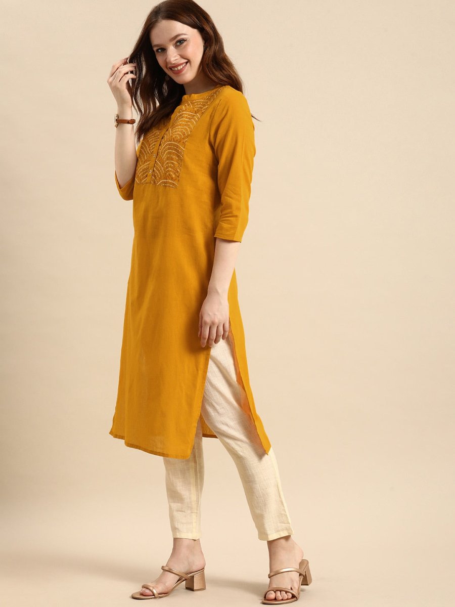 All About You Women Yellow Bandhani Yoke Design Pure Cotton Kurta