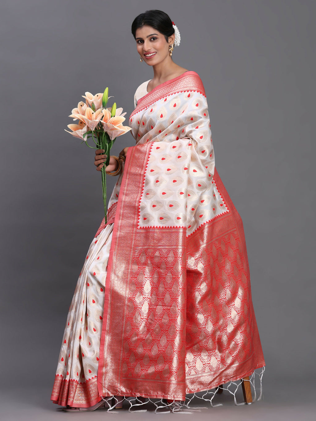 Shree Shyam Fashion Banarasi Silk Red & White Saree