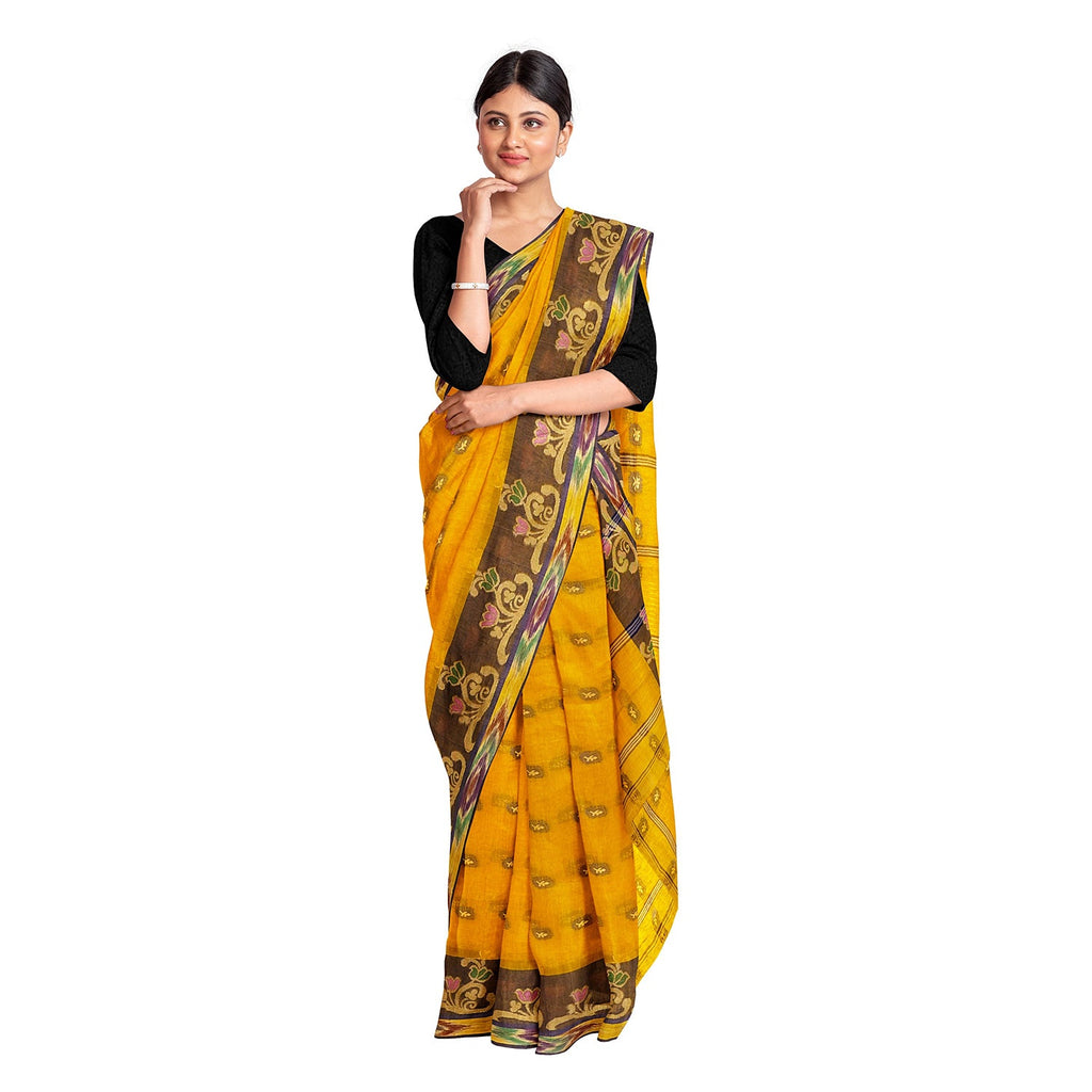 Exclusive Collection 100% Pure Cotton Golden Yellow Tant Saree With Hand Weaving Work