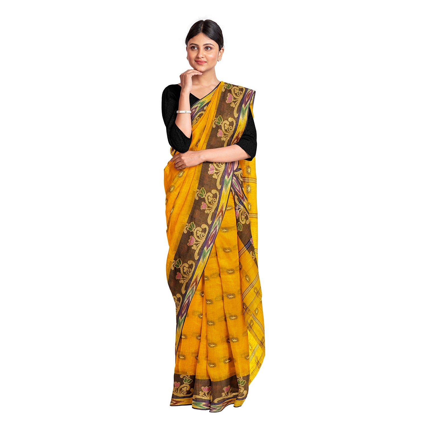 Exclusive Collection 100% Pure Cotton Golden Yellow Tant Saree With Hand Weaving Work