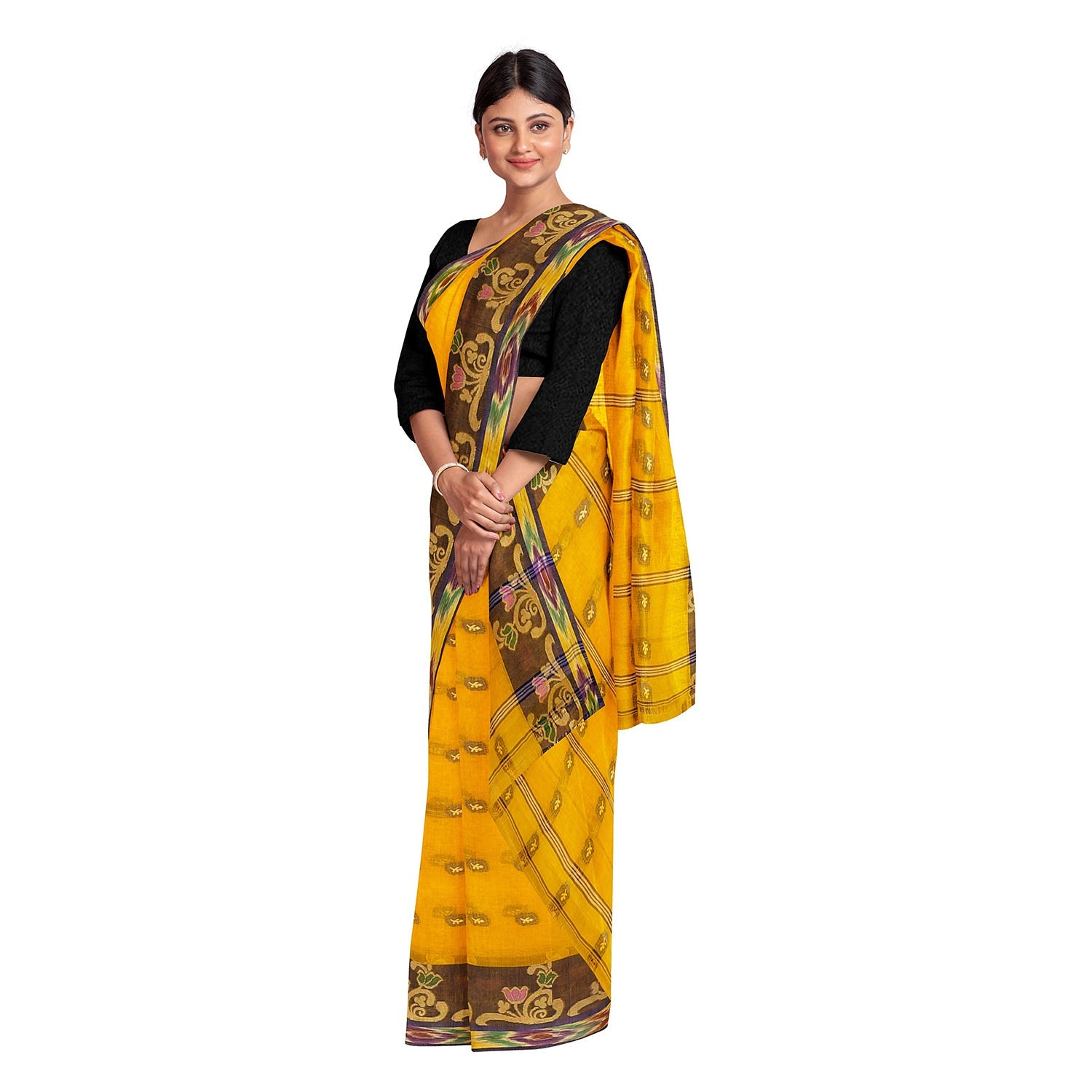 Exclusive Collection 100% Pure Cotton Golden Yellow Tant Saree With Hand Weaving Work