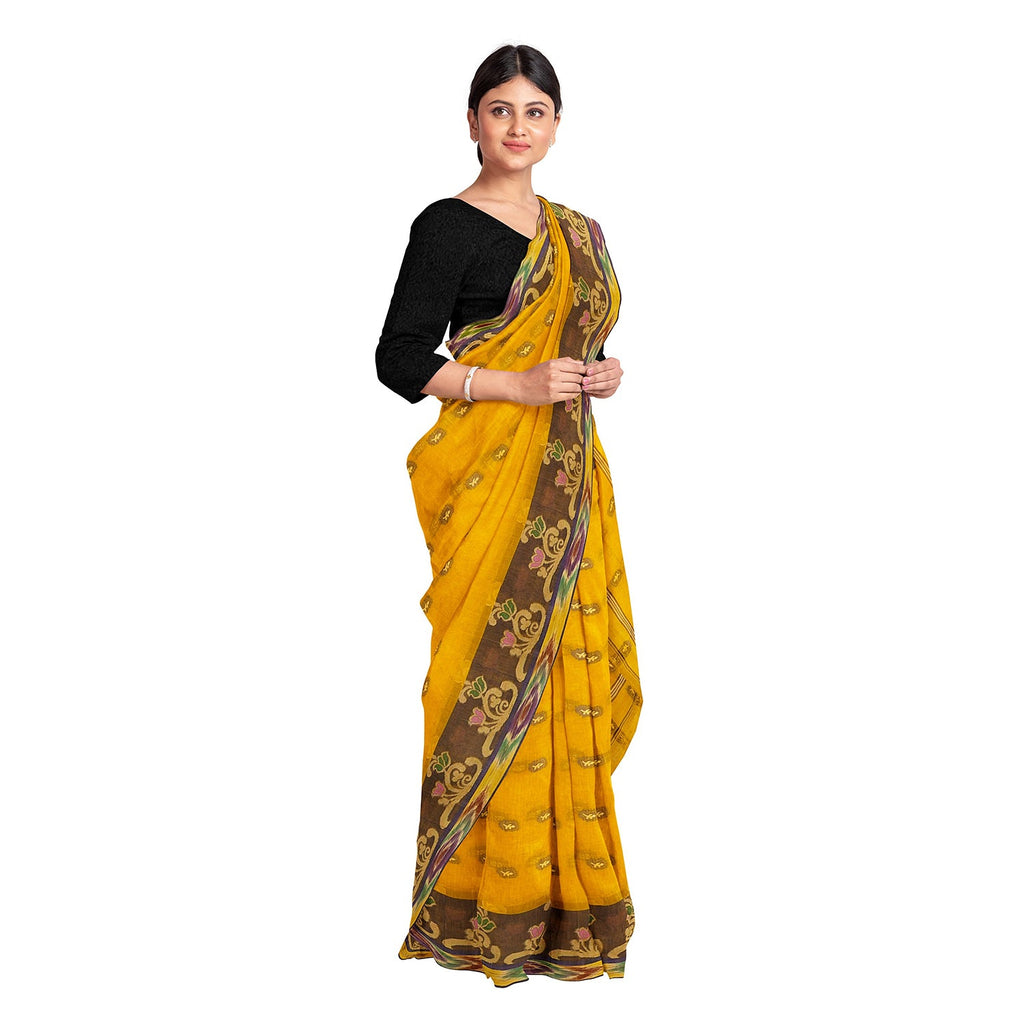 Exclusive Collection 100% Pure Cotton Golden Yellow Tant Saree With Hand Weaving Work