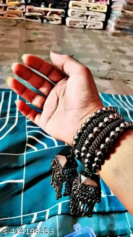 Tehzeeb Creations Women's Black Oxidised Spiral Bangle With Jhumki Style