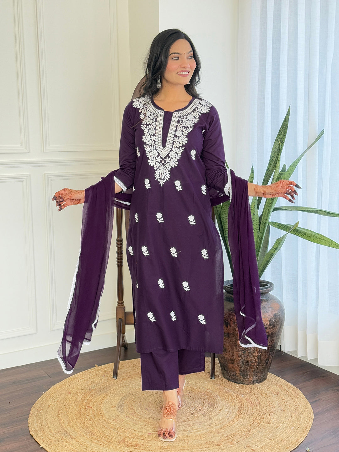 The52 Chikankari Work with Pure Cotton Fabric Straight Kurta, Pant and Dupatta Set