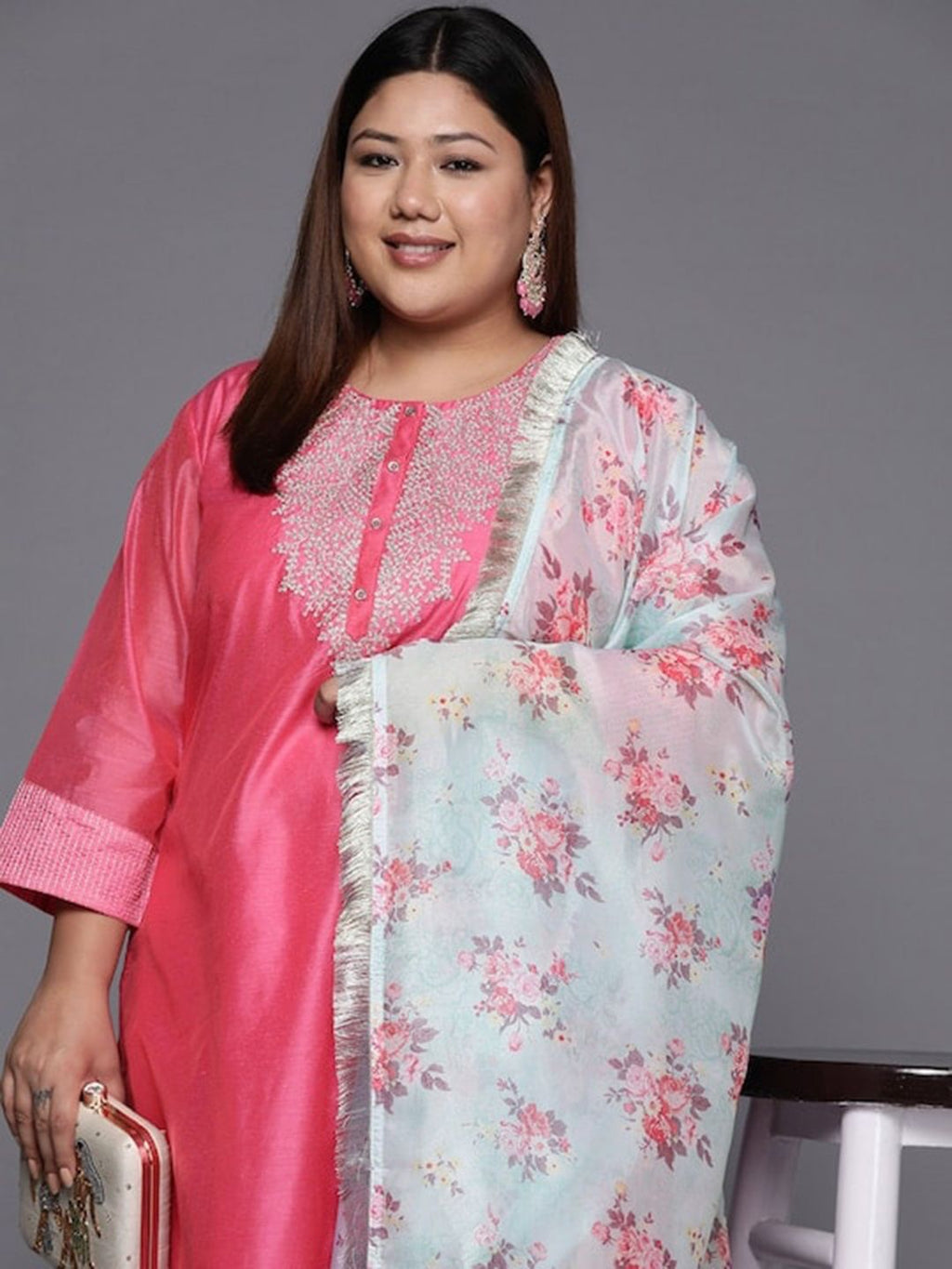 Sztori Plus Size Ethnic Yoke Design Regular Chanderi Silk Kurta & Trousers With Dupatta