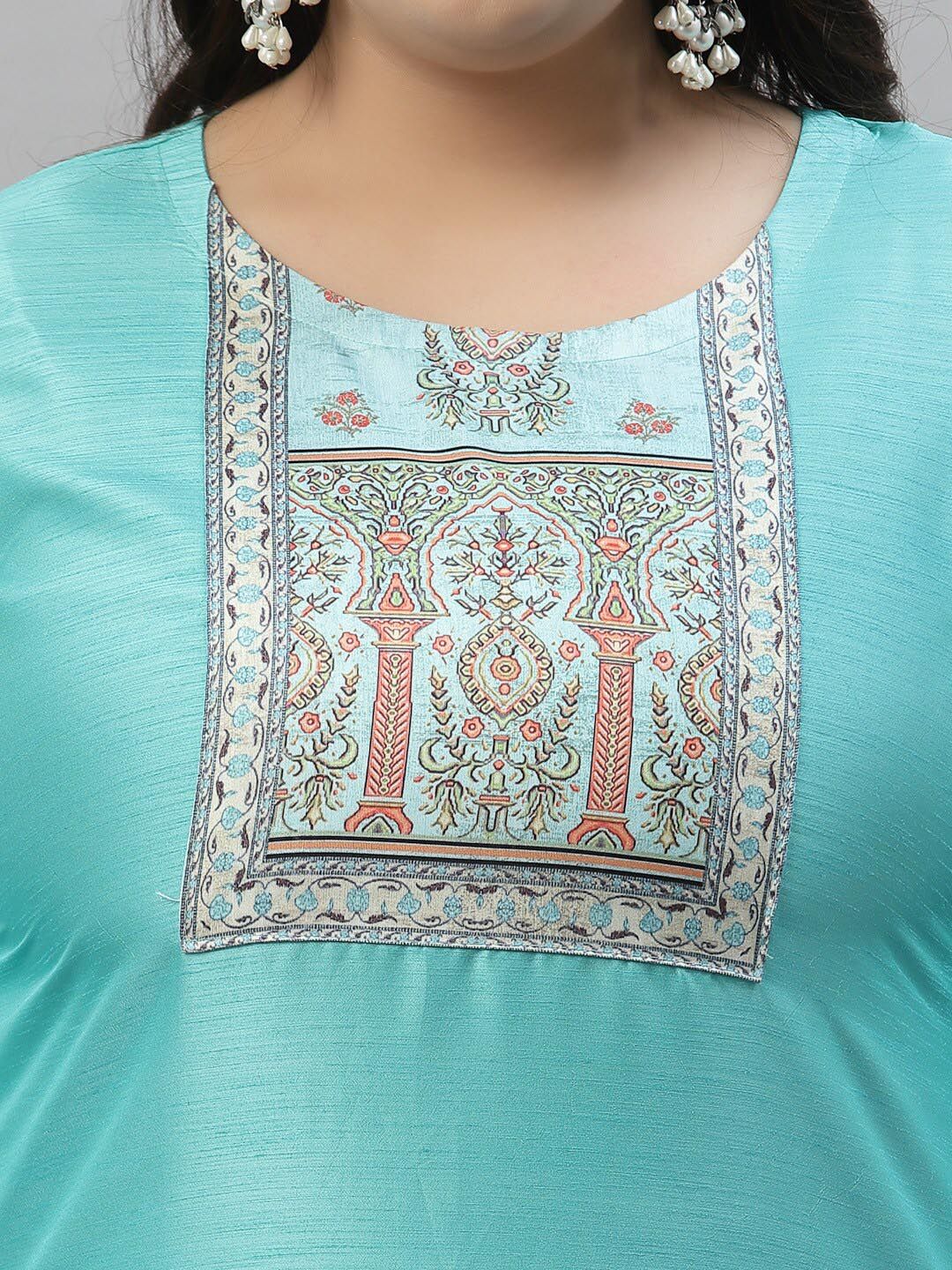 Sztori Plus Size Floral Printed Round Neck Straight Kurta with Palazzos