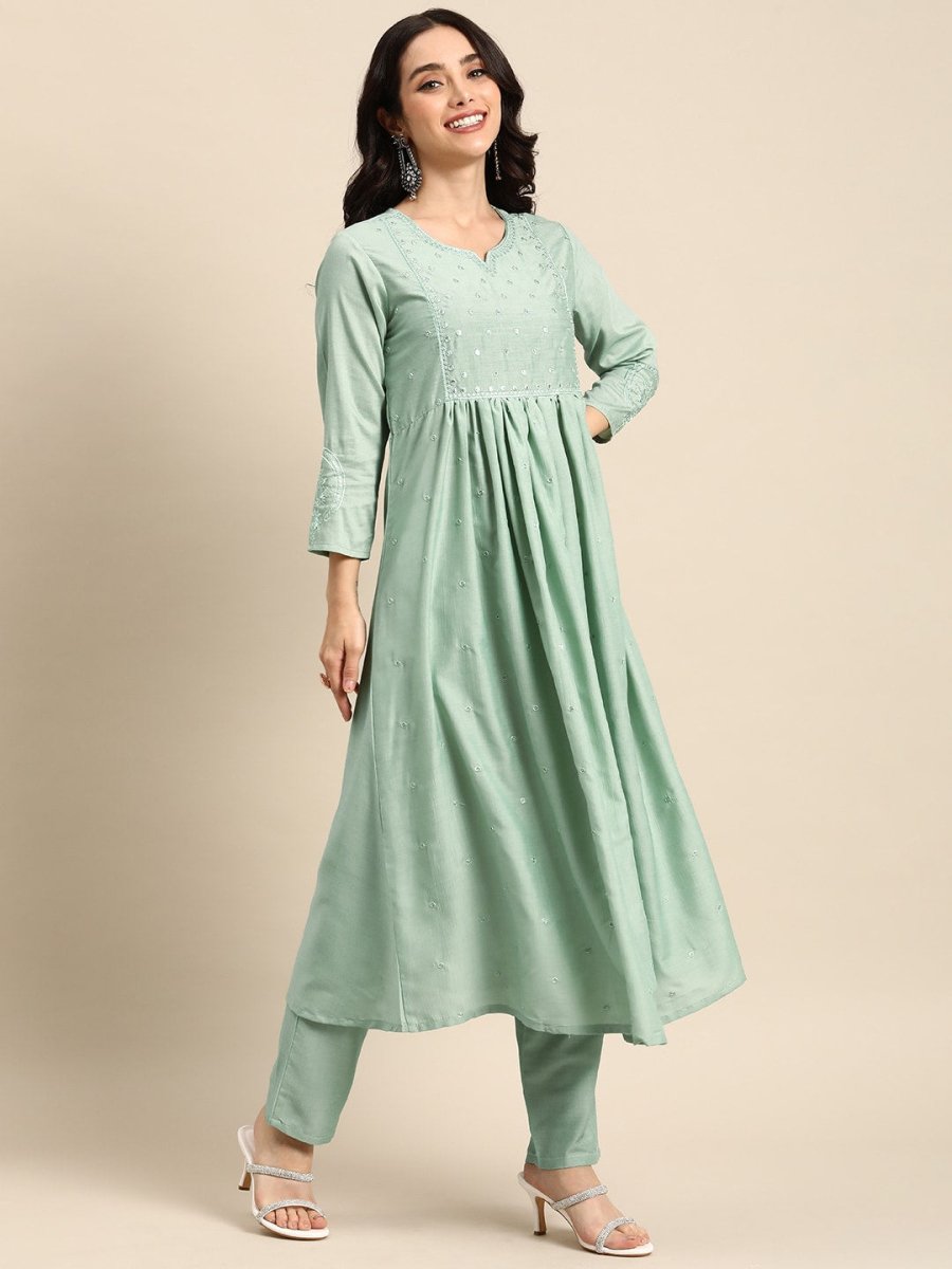 All About You Ethnic Motifs Embroidered Mirror Work Kurta With Trousers