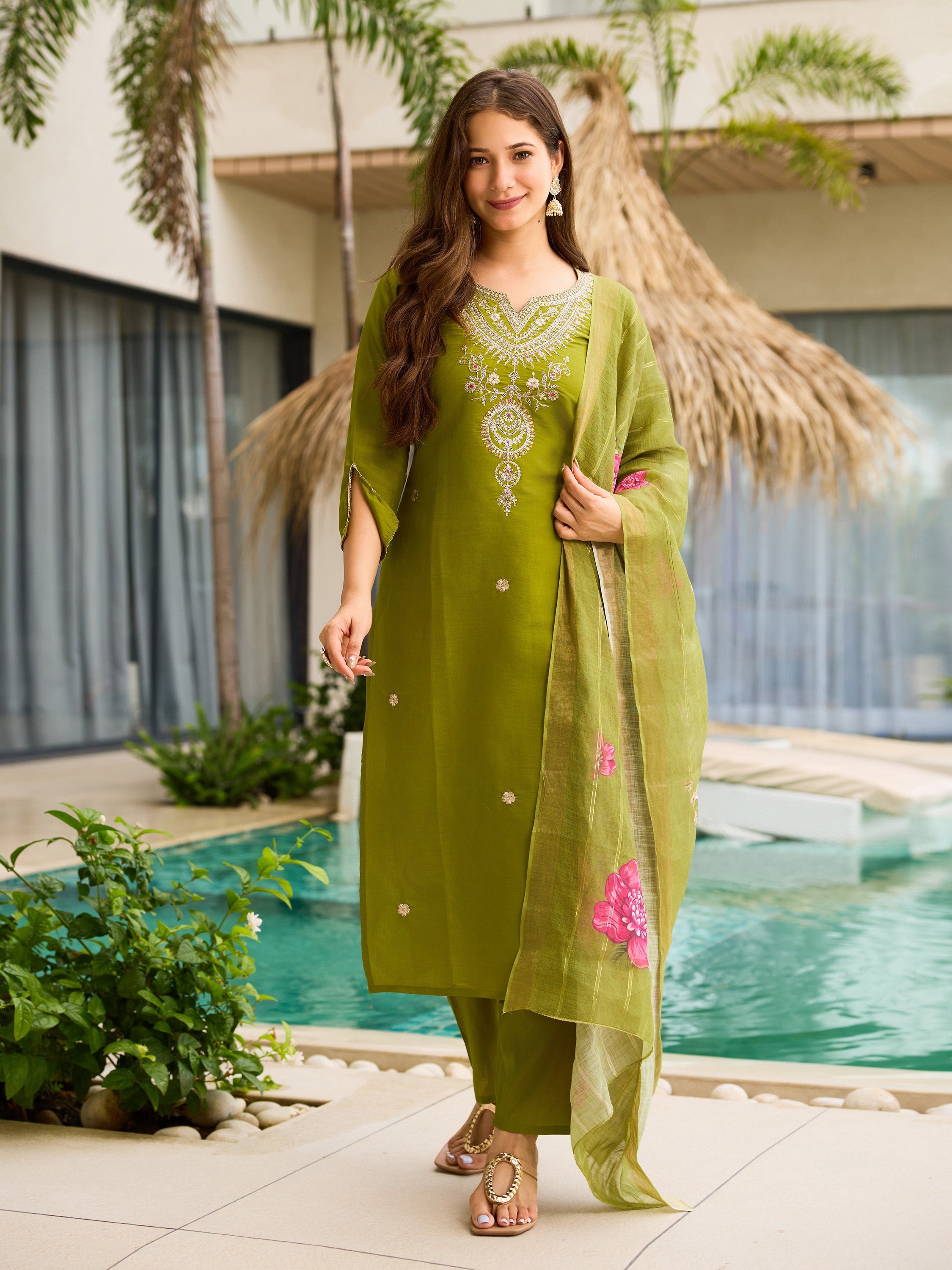 The52 Women's Viscose Embroidery work Straight Kurta with Pant and Dupatta Set