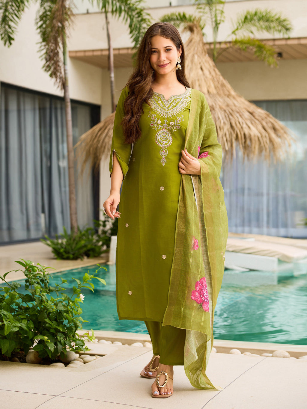 The52 Women's Viscose Embroidery work Straight Kurta with Pant and Dupatta Set