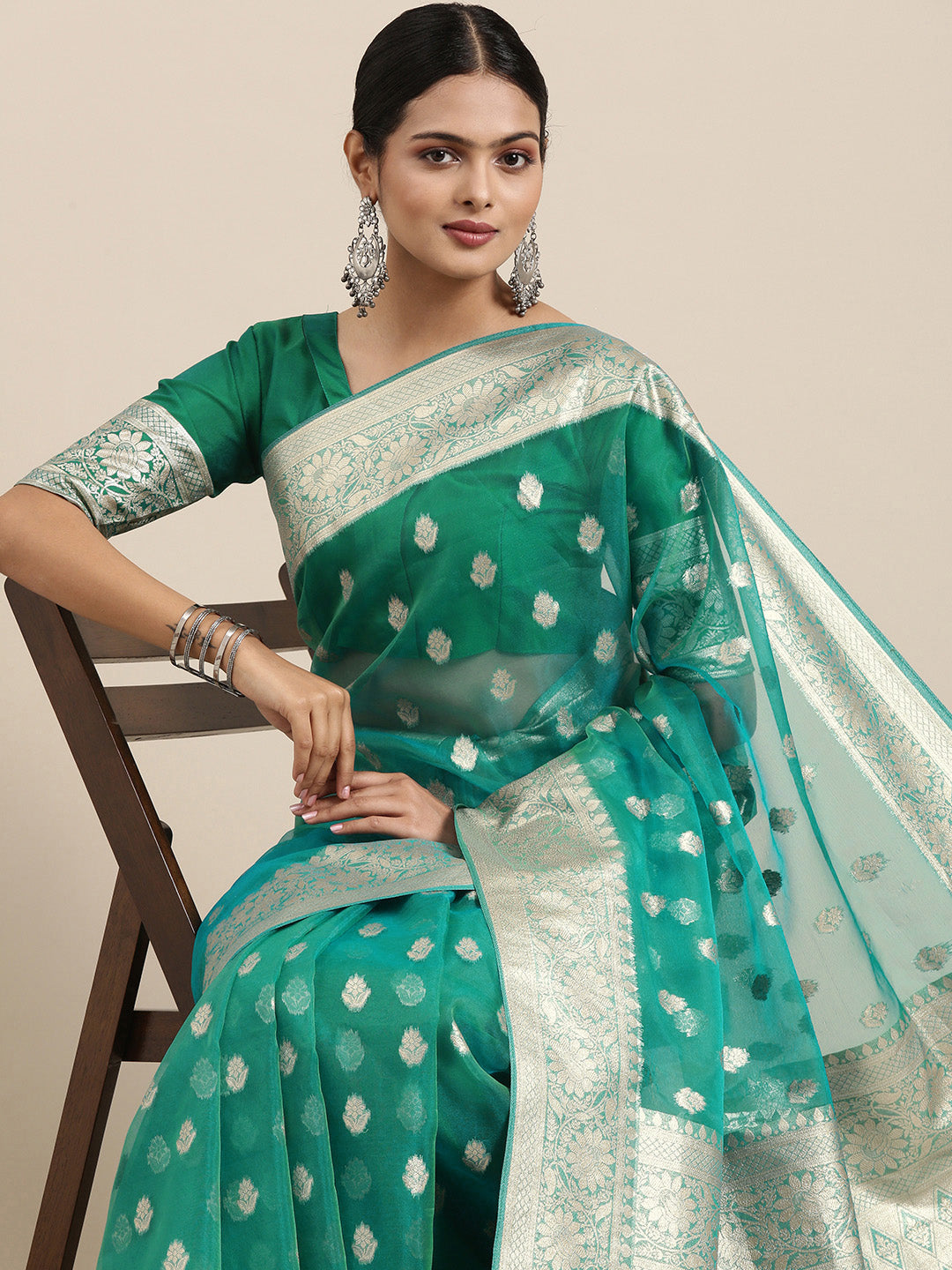 Saree Mall Green Ethnic Motifs Zari Organza Banarasi Saree