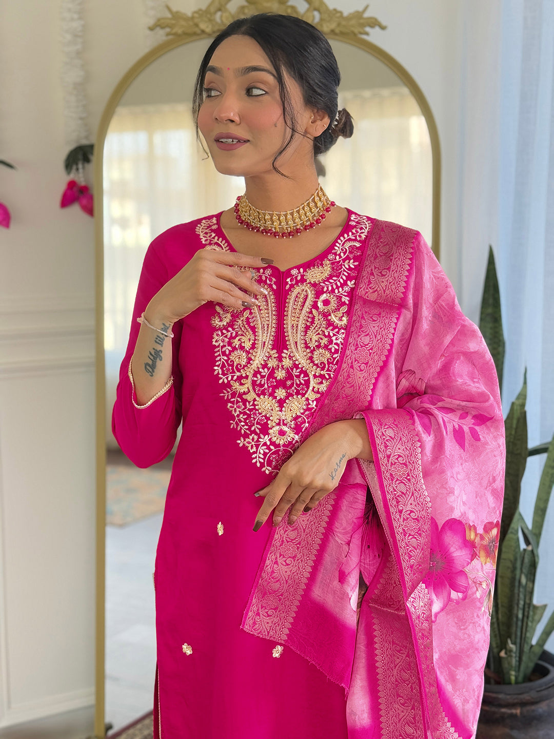 The52 Women's Gorgeous Viscose Embroidery work Straight Kurta with Pant and Dupatta Set