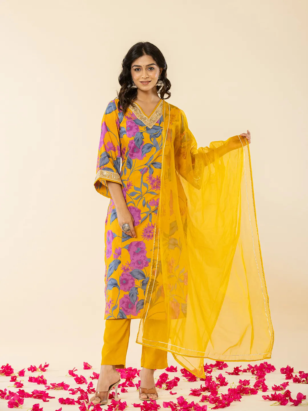 Yufta Cotton Mustard Kurta Pant Dupatta Set