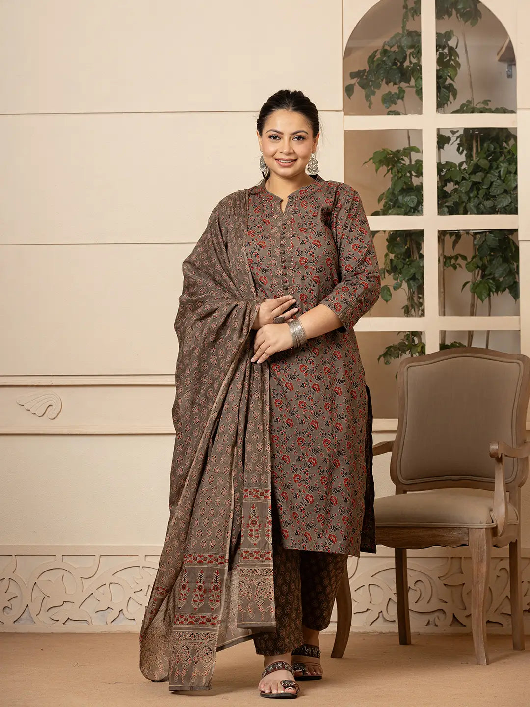 Yufta Cotton Grey Plus Size Kurta Dupatta Pant Set
