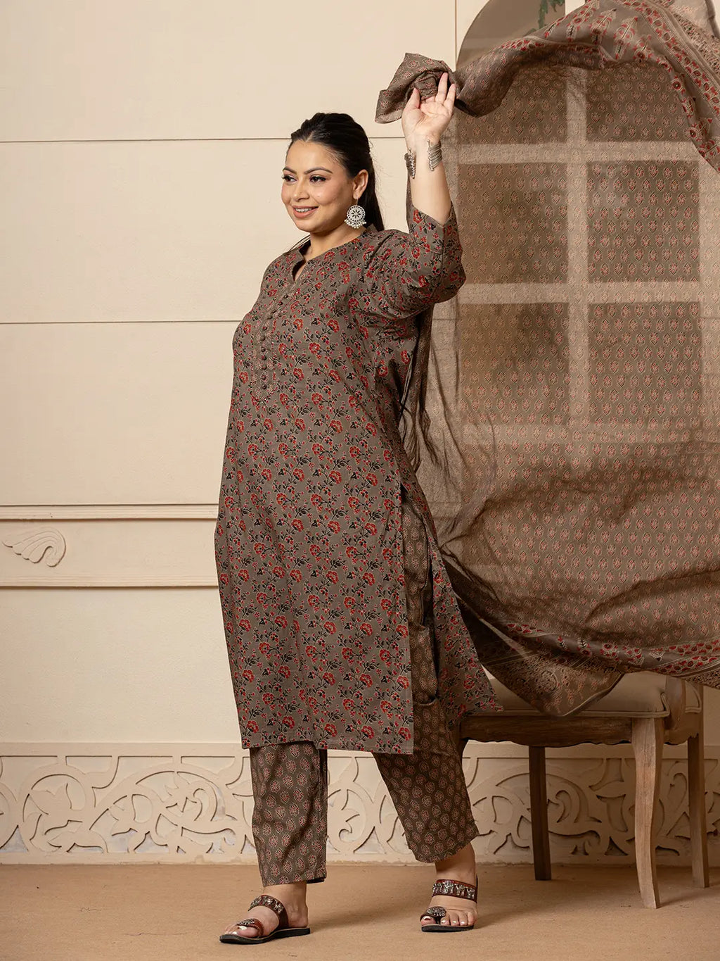 Yufta Cotton Grey Plus Size Kurta Dupatta Pant Set