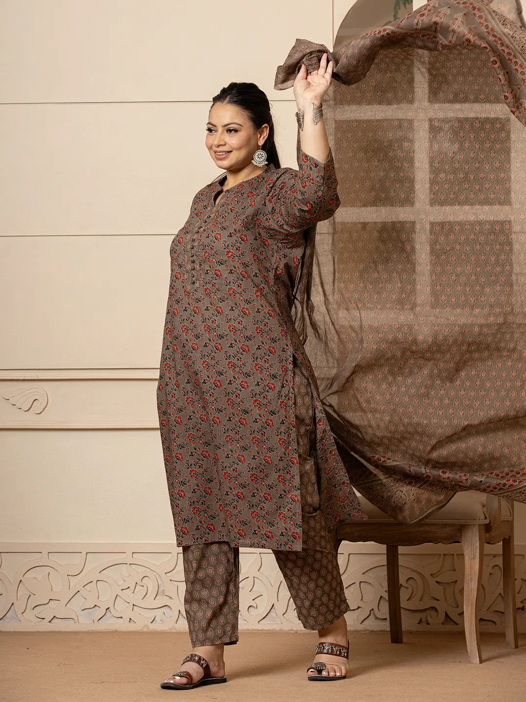 Yufta Cotton Grey Plus Size Kurta Dupatta Pant Set