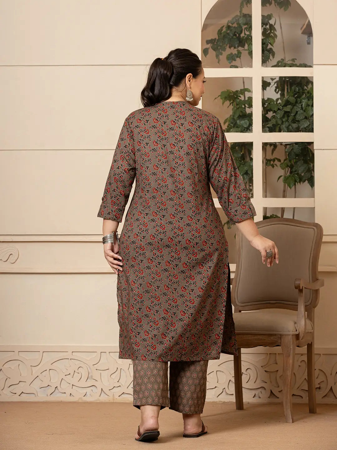 Yufta Cotton Grey Plus Size Kurta Dupatta Pant Set