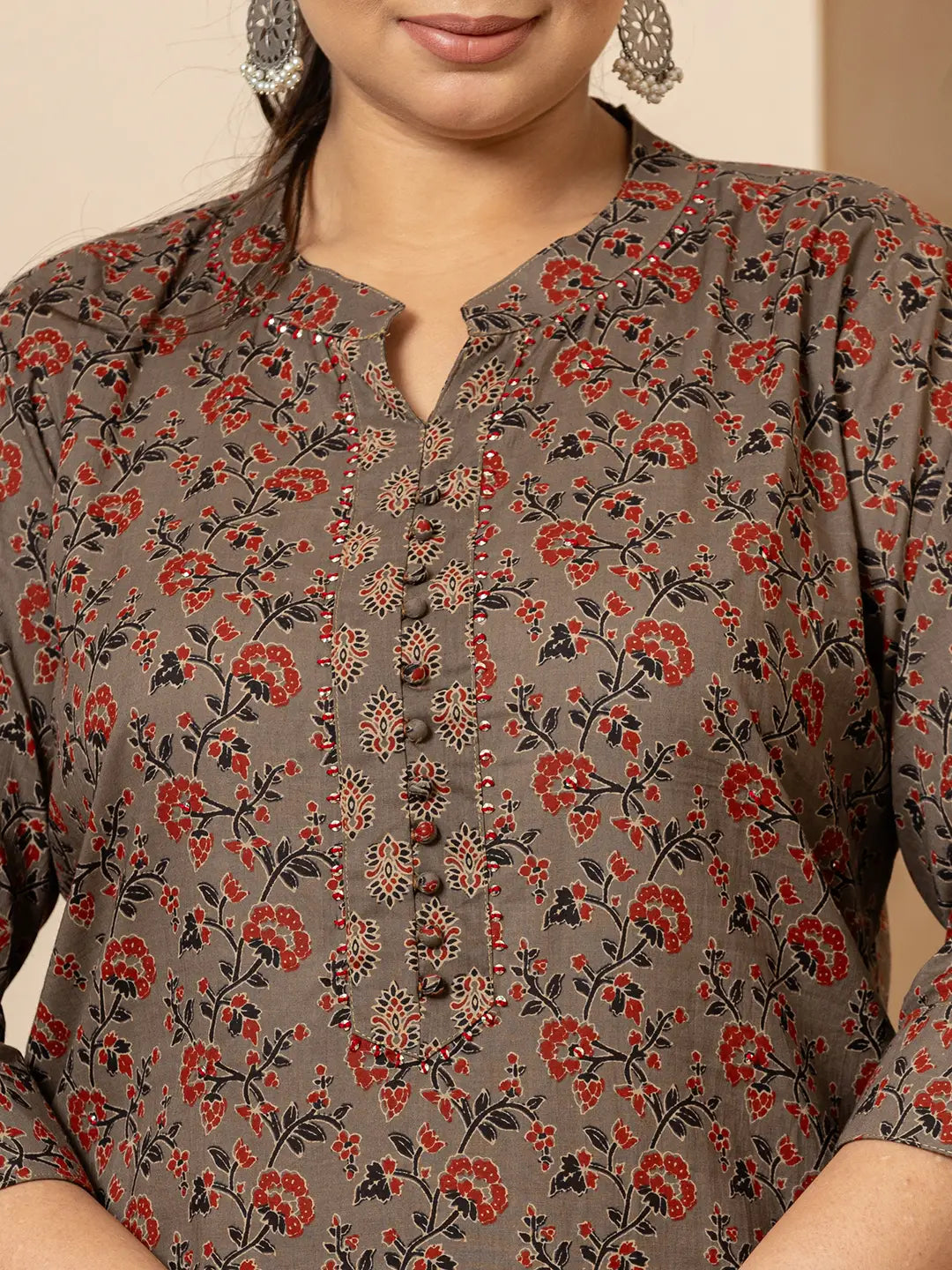Yufta Cotton Grey Plus Size Kurta Dupatta Pant Set
