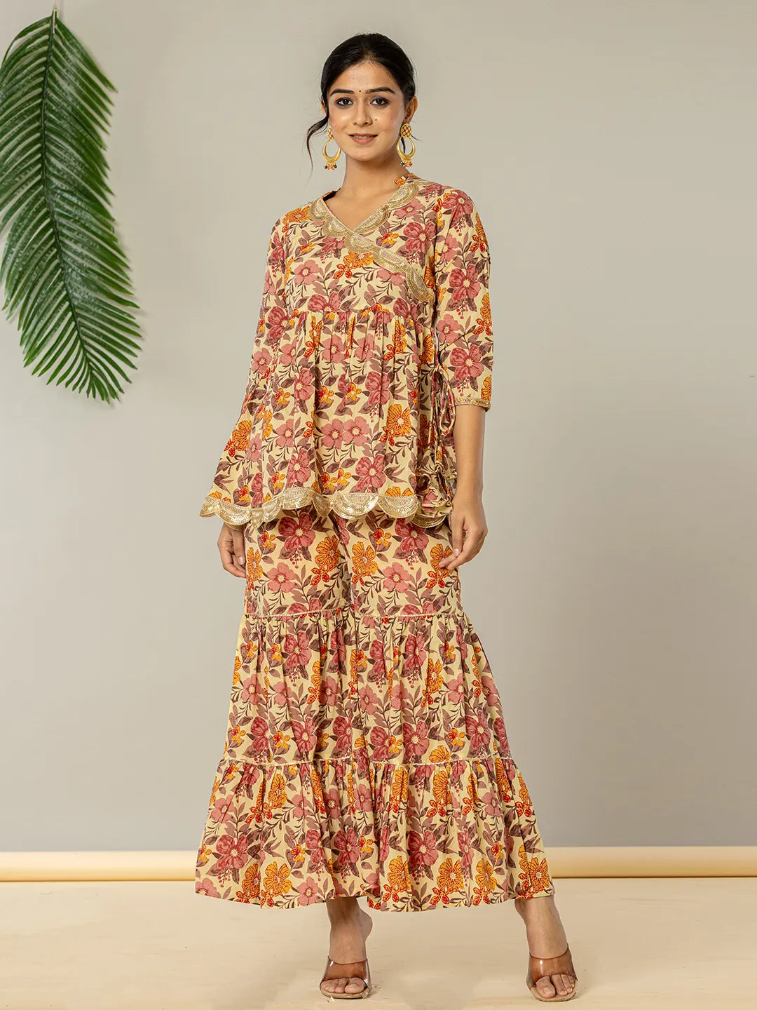 Yufta Beige Cotton Peplum Sharara Co-Ord Set