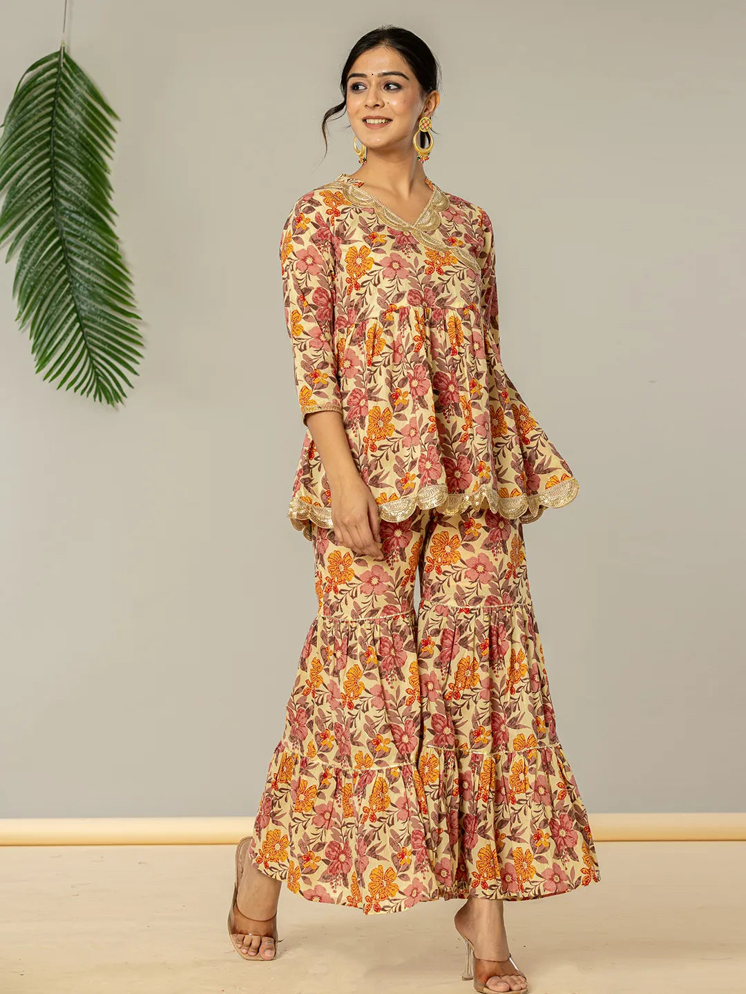 Yufta Beige Cotton Peplum Sharara Co-Ord Set
