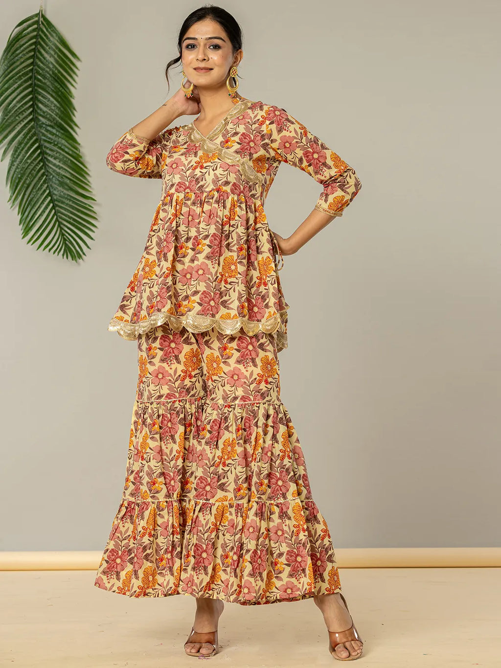 Yufta Beige Cotton Peplum Sharara Co-Ord Set
