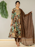 Yufta Brown Floral Print Mulmul Fit And Flare Suit Set