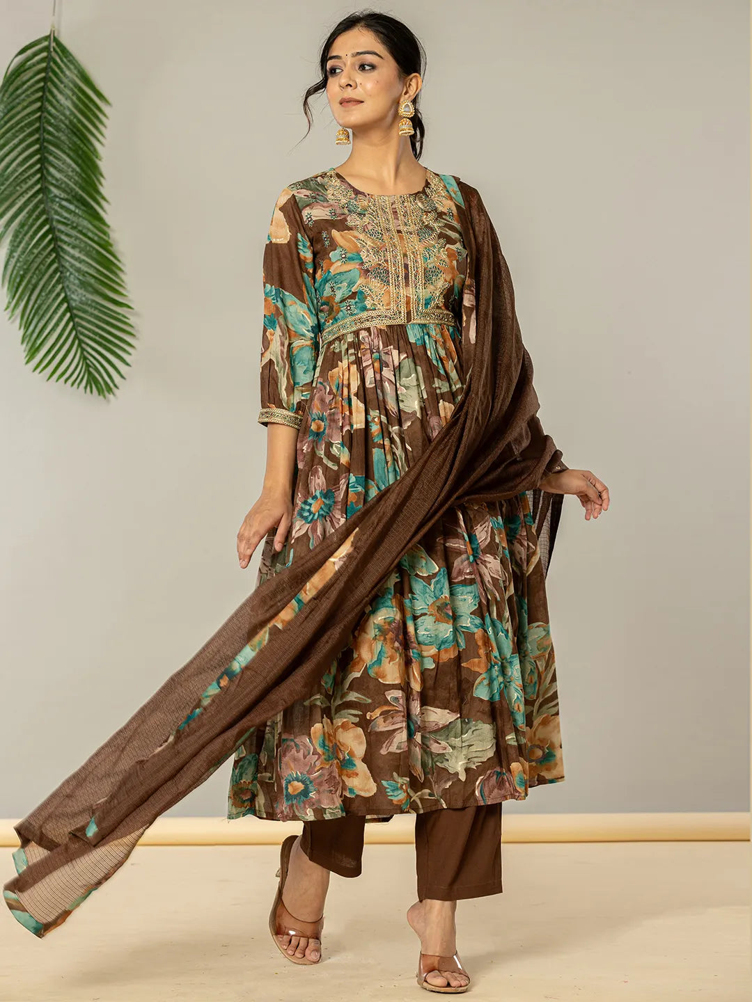 Yufta Brown Floral Print Mulmul Fit And Flare Suit Set
