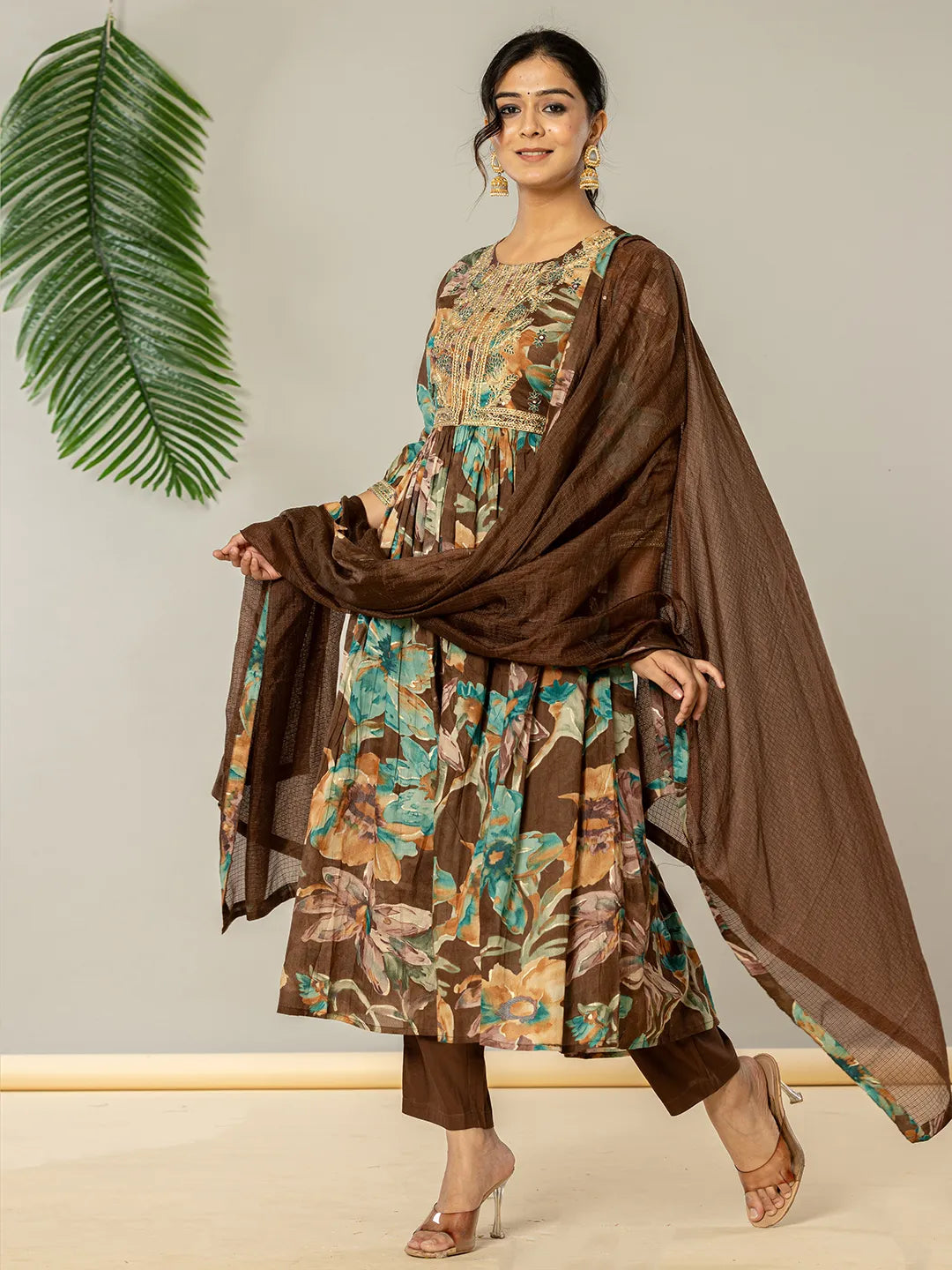 Yufta Brown Floral Print Mulmul Fit And Flare Suit Set