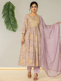 Yufta Purple Floral Print Mulmul Fit And Flare Suit Set