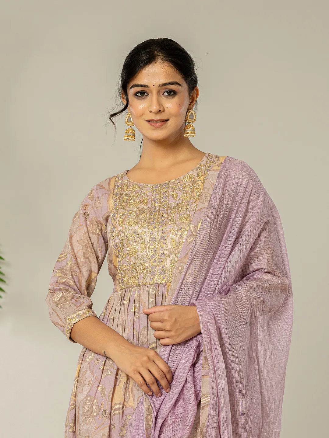 Yufta Purple Floral Print Mulmul Fit And Flare Suit Set
