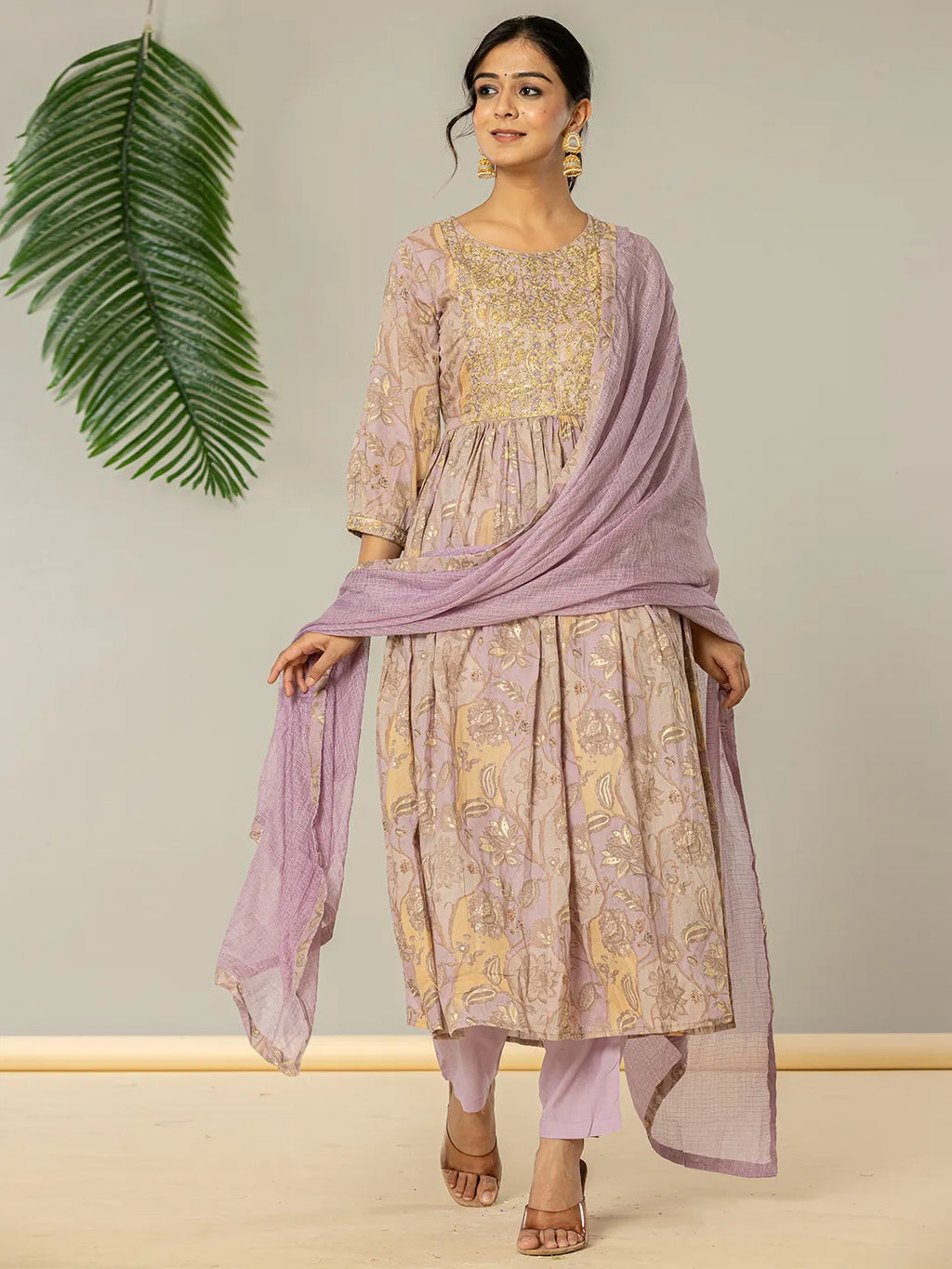 Yufta Purple Floral Print Mulmul Fit And Flare Suit Set
