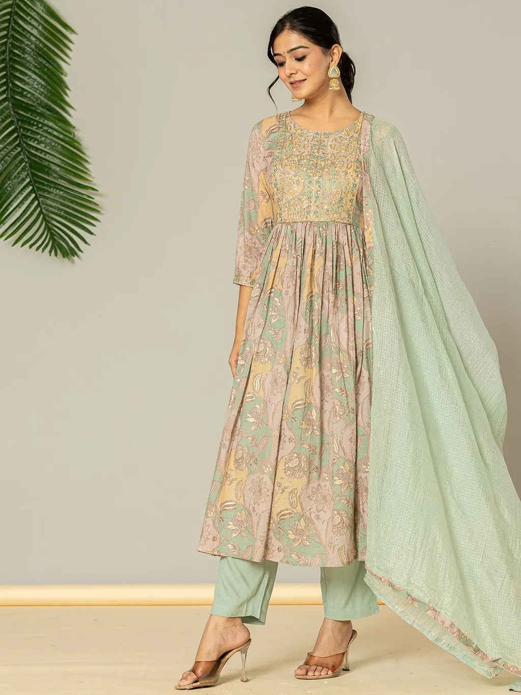 Yufta Sea Green Floral Print Mulmul Fit And Flare Suit Set
