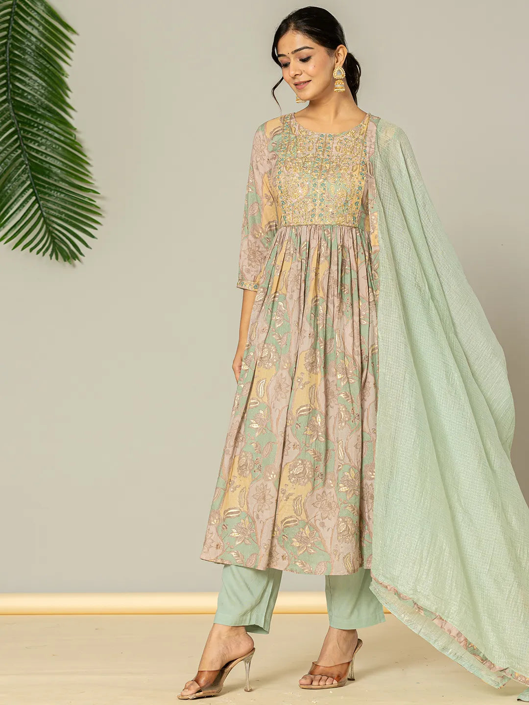 Yufta Sea Green Floral Print Mulmul Fit And Flare Suit Set