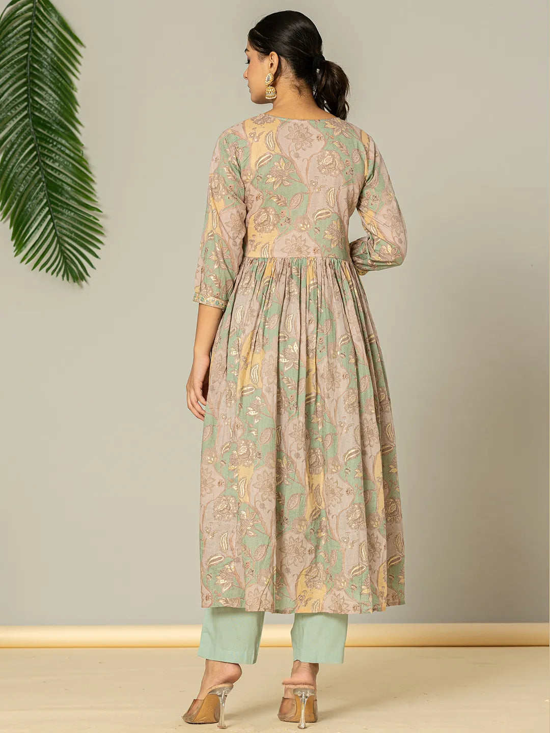 Yufta Sea Green Floral Print Mulmul Fit And Flare Suit Set