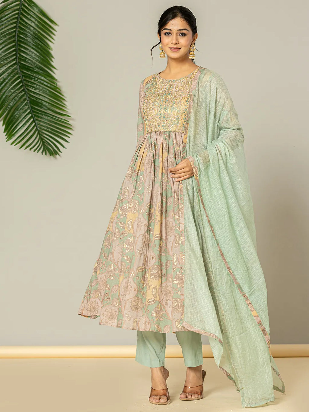 Yufta Sea Green Floral Print Mulmul Fit And Flare Suit Set