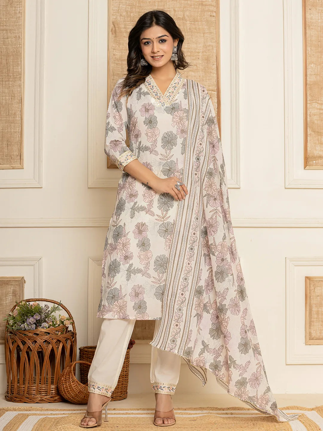 Yufta Cotton Pink Kurta Dupatta Pant Set