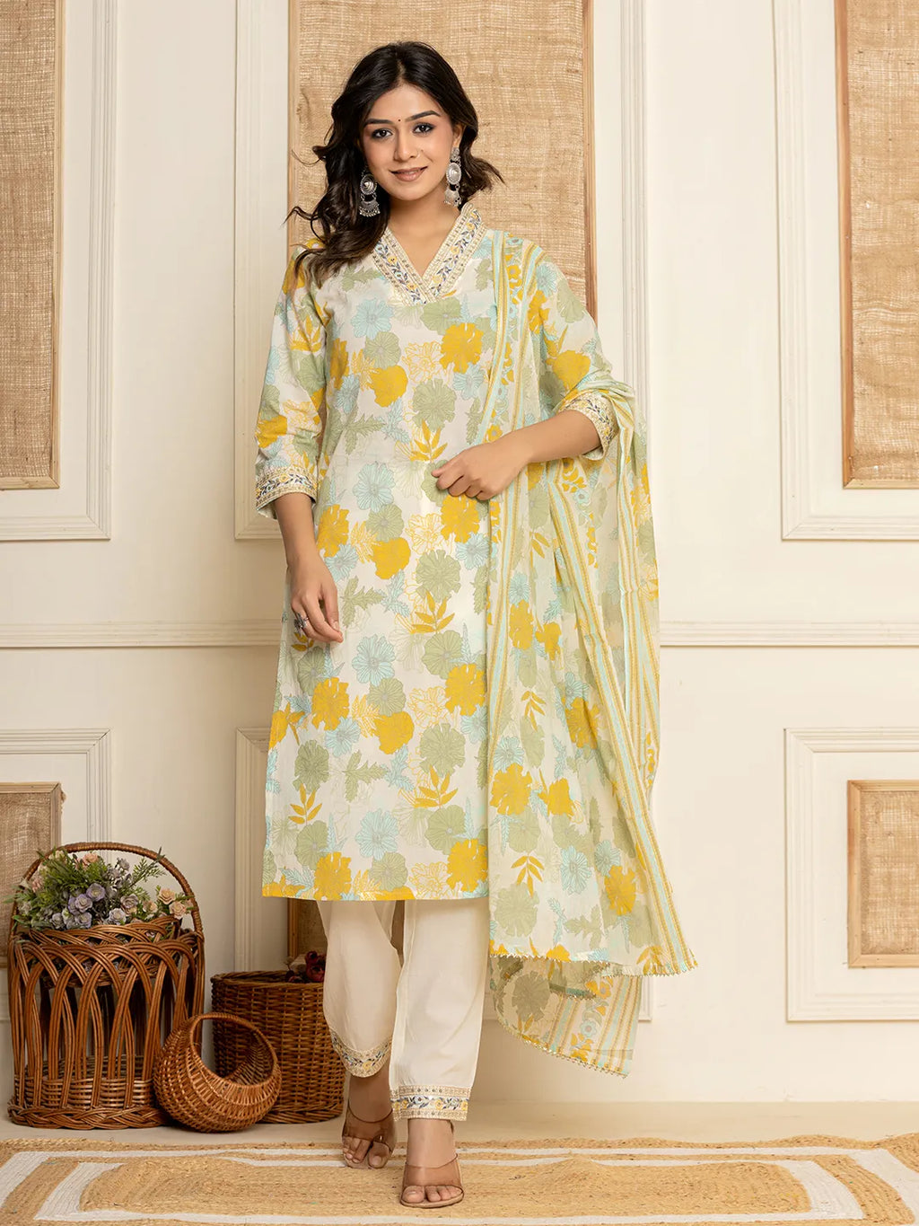 Yufta Cotton Yellow embroidered Kurta Dupatta Set