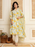 Yufta Cotton Yellow embroidered Kurta Dupatta Set