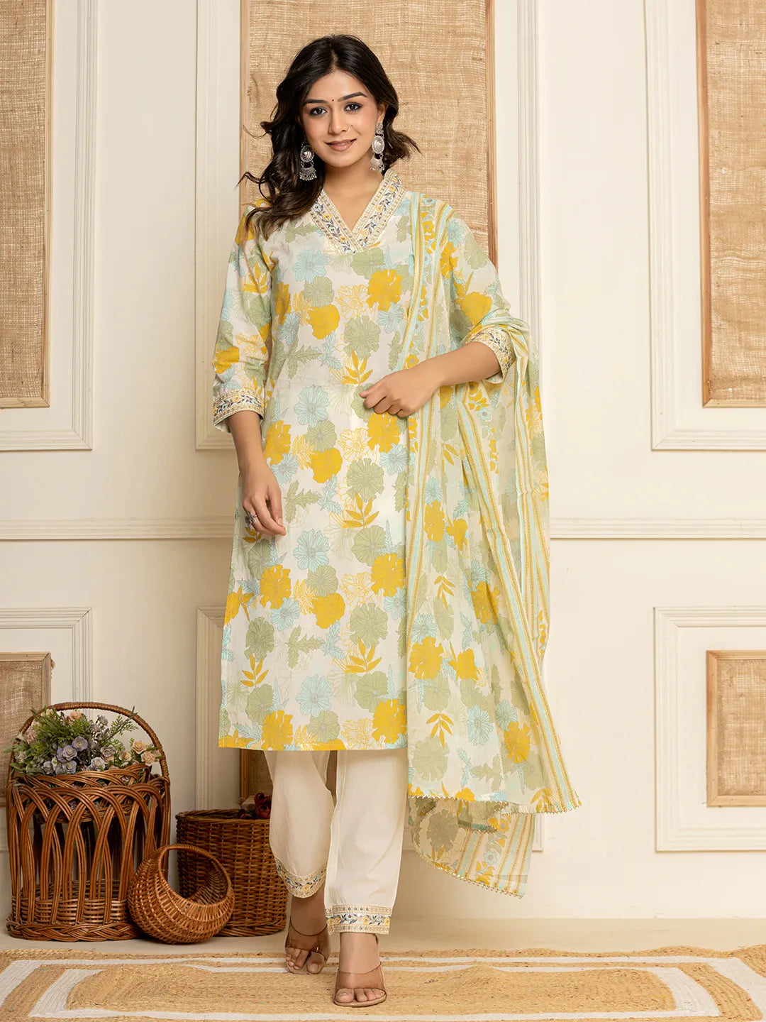 Yufta Cotton Yellow embroidered Kurta Dupatta Set