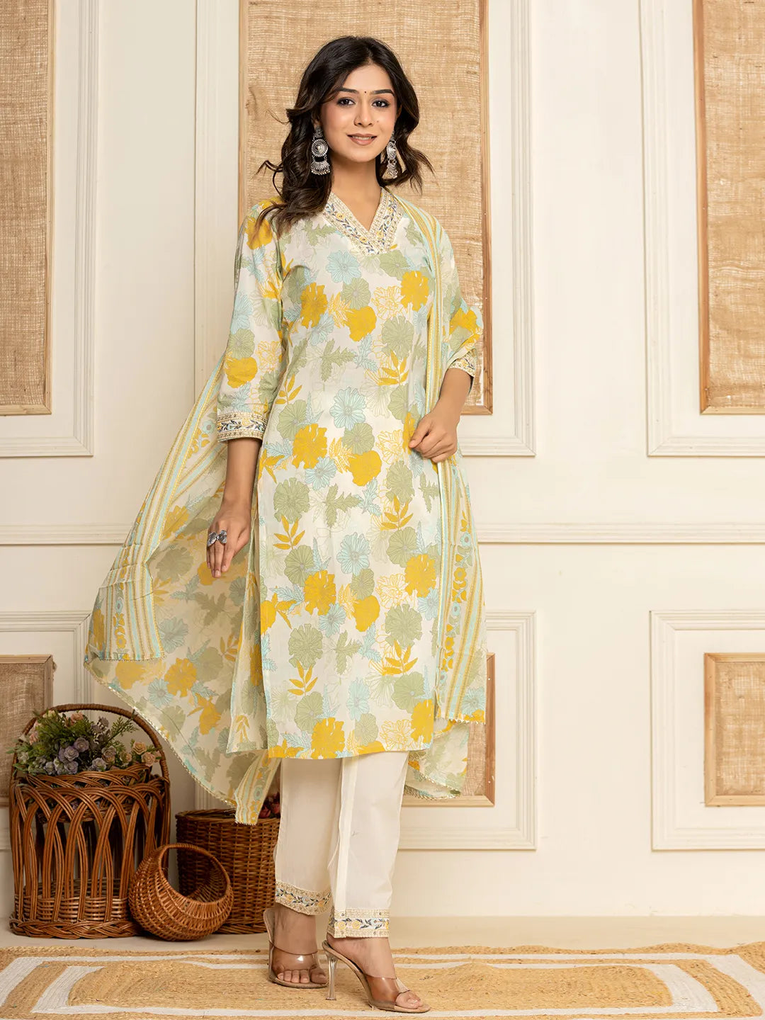 Yufta Cotton Yellow embroidered Kurta Dupatta Set