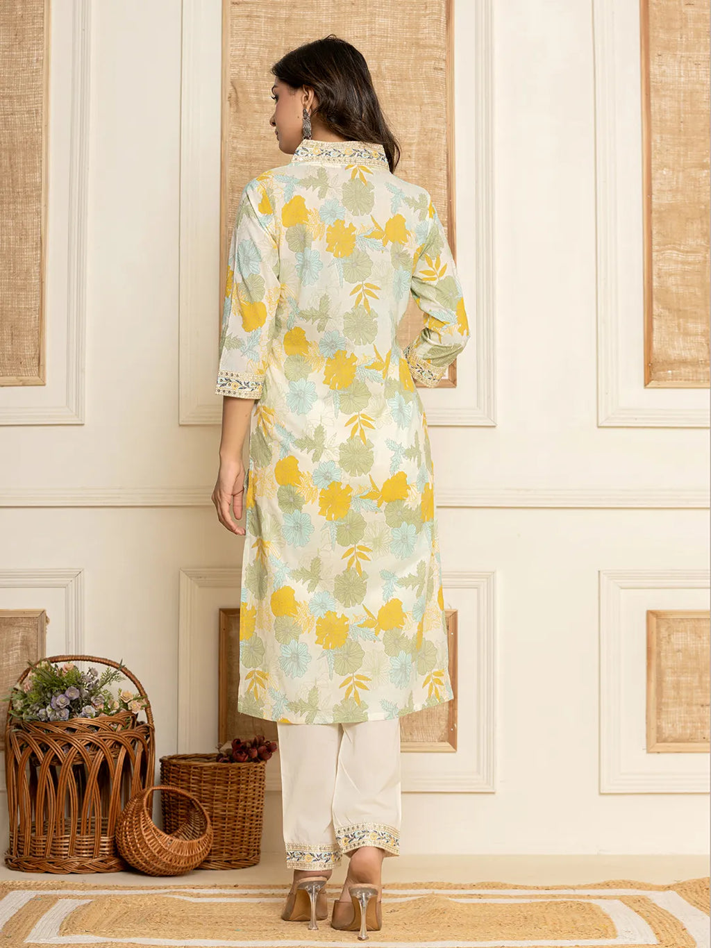 Yufta Cotton Yellow embroidered Kurta Dupatta Set