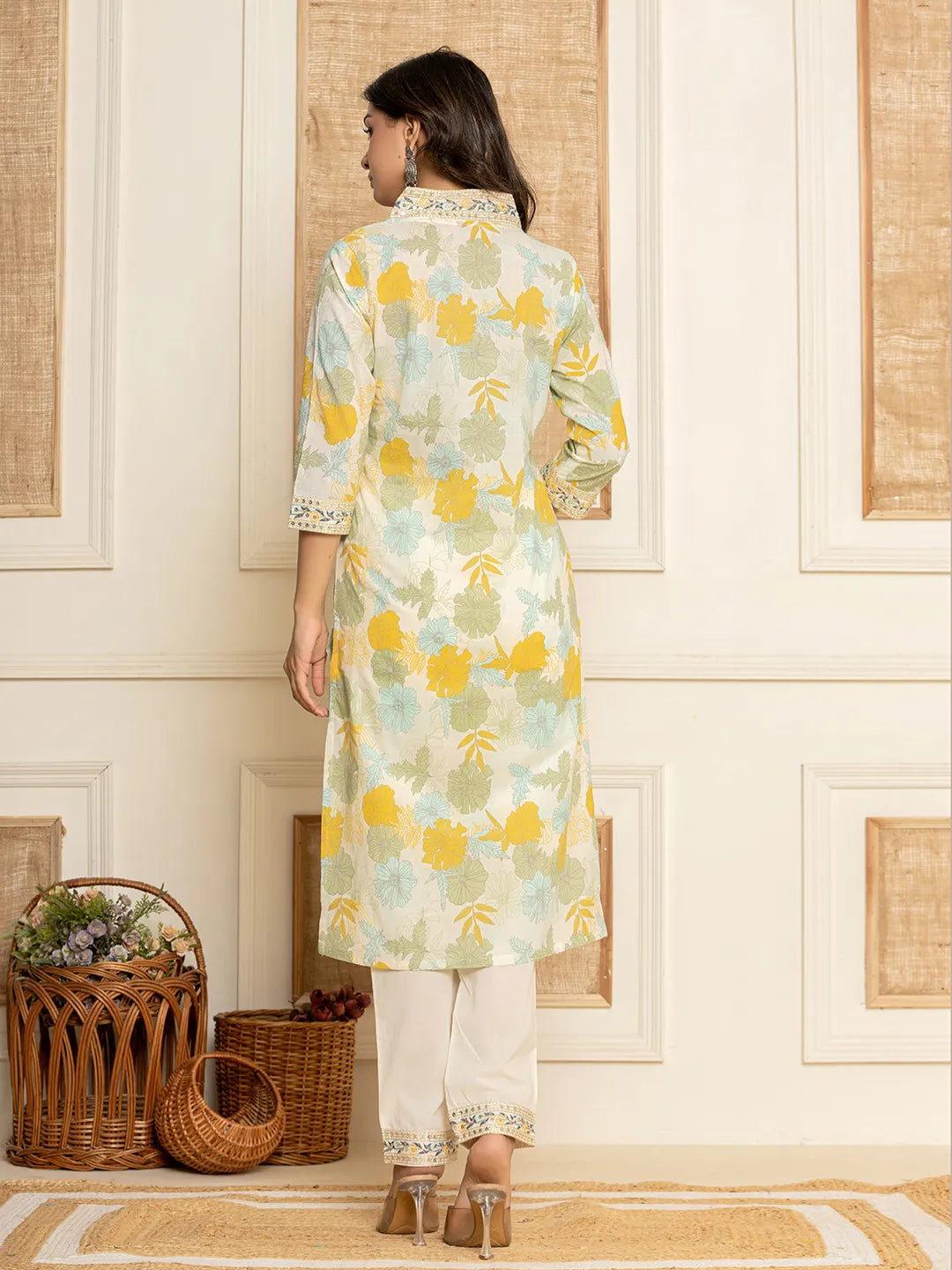 Yufta Cotton Yellow embroidered Kurta Dupatta Set