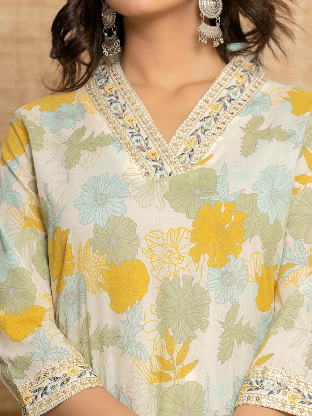 Yufta Cotton Yellow embroidered Kurta Dupatta Set