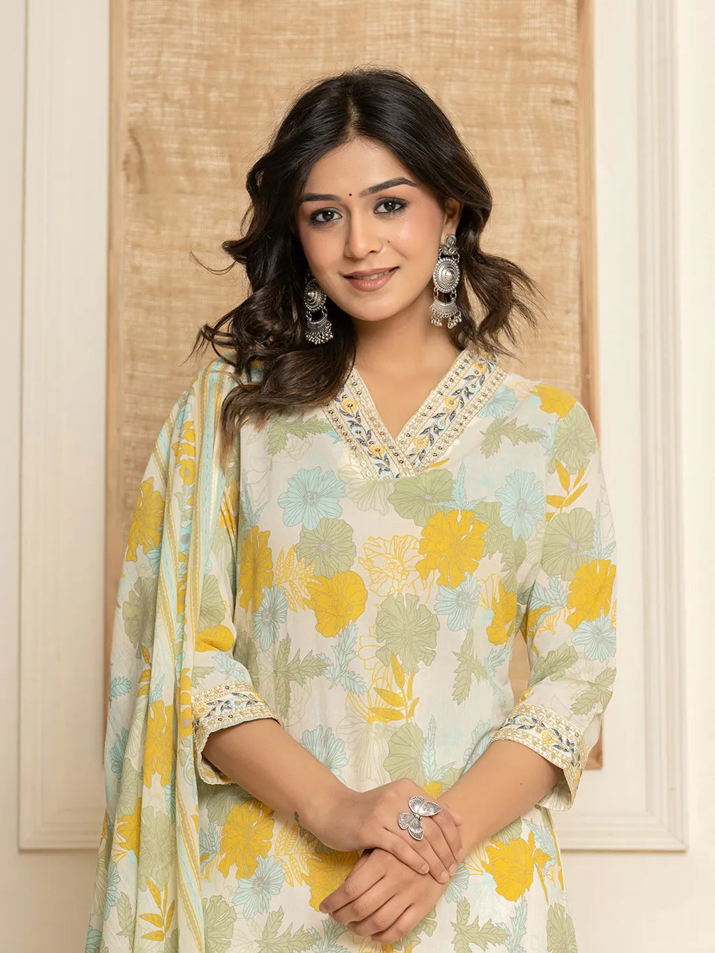 Yufta Cotton Yellow embroidered Kurta Dupatta Set