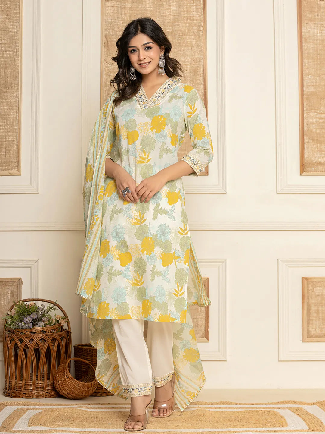 Yufta Cotton Yellow embroidered Kurta Dupatta Set