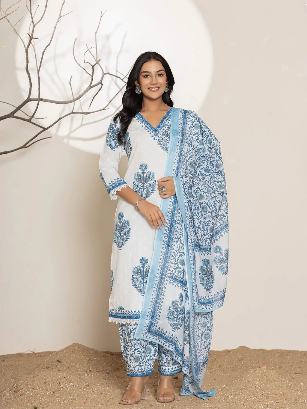 Yufta Blue And White Floral Print Cotton Kurta And Harem Pants With Dupatta Set