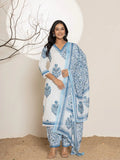 Yufta Blue And White Floral Print Cotton Kurta And Harem Pants With Dupatta Set