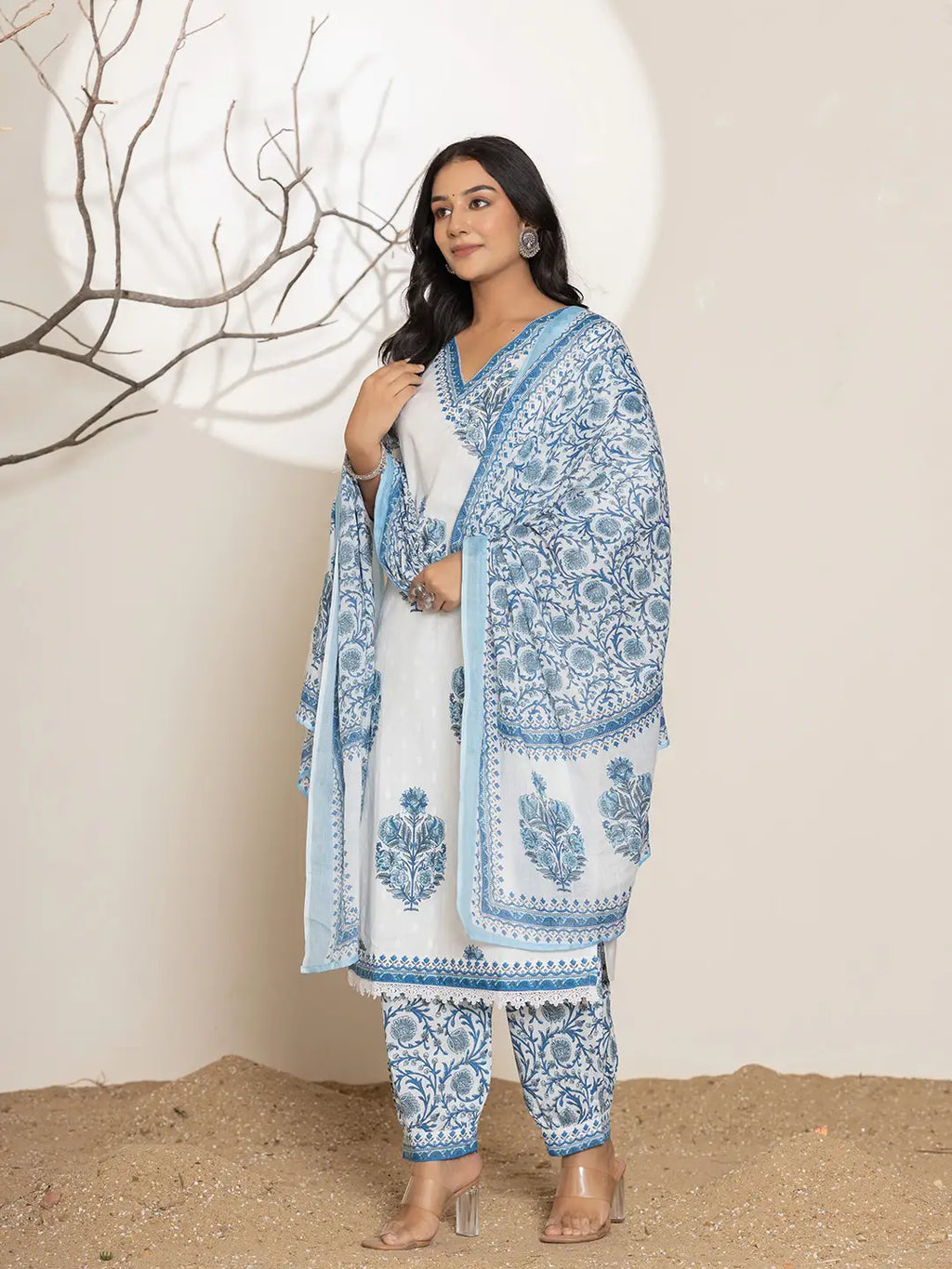 Yufta Blue And White Floral Print Cotton Kurta And Harem Pants With Dupatta Set