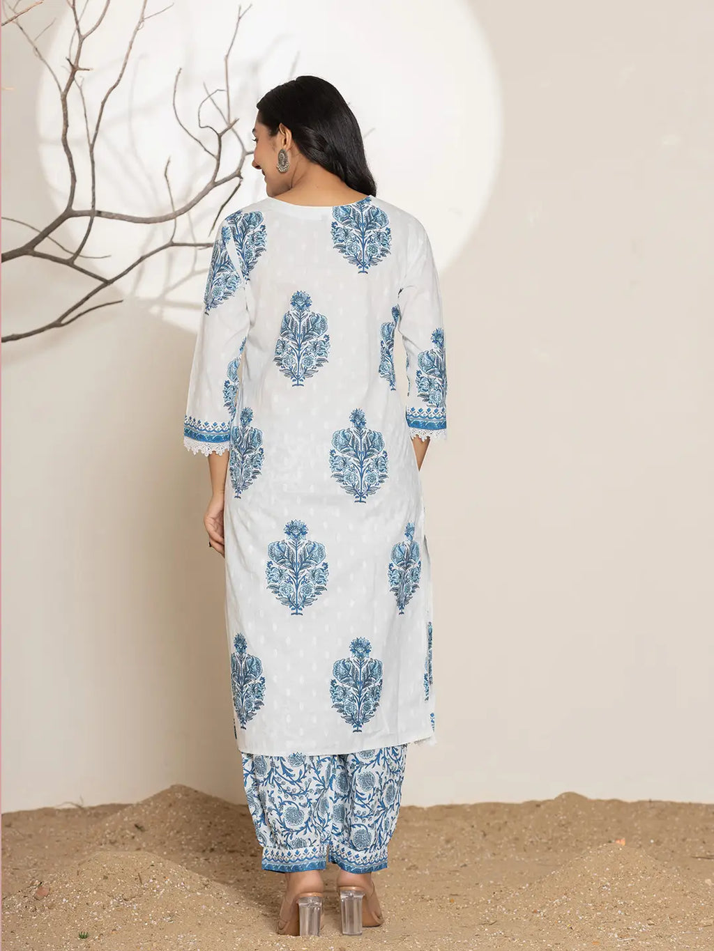 Yufta Blue And White Floral Print Cotton Kurta And Harem Pants With Dupatta Set